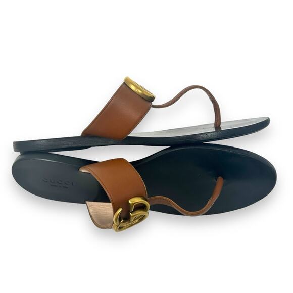 Gucci GG Marmont Thong Flat Leather Sandals Black Cognac Brown 36.5 Women’s - Picture 9 of 14